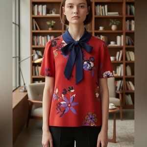 New Mod Cloth Split Neck Collared Tie Front Blouse, New with Tags